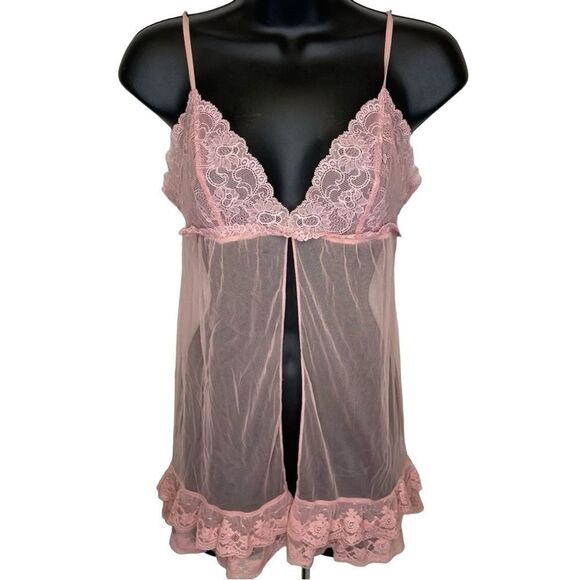 Vintage Victoria’s Secret Sheer Babydoll Lingerie Blush Pink Open Front Small - Picture 1 of 12
